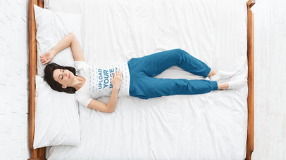 V-Neck T-Shirt Mockup of a Woman Sleeping 