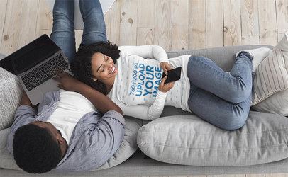 Long Sleeve Tee Mockup Featuring a Happy Woman Chilling With Her Boyfriend at Home 