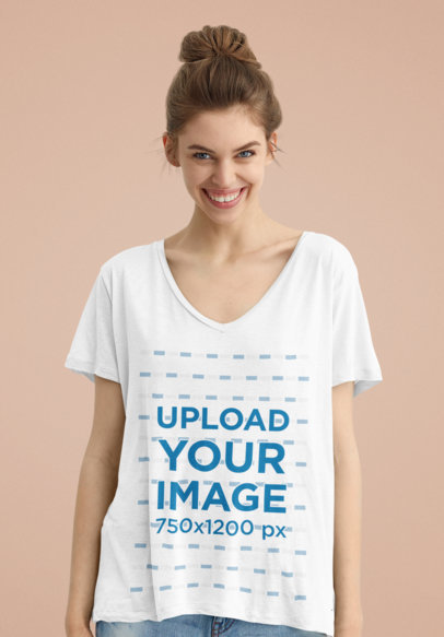 Mockup of a Young Woman Wearing a Deep V-Neck T-Shirt in a Studio