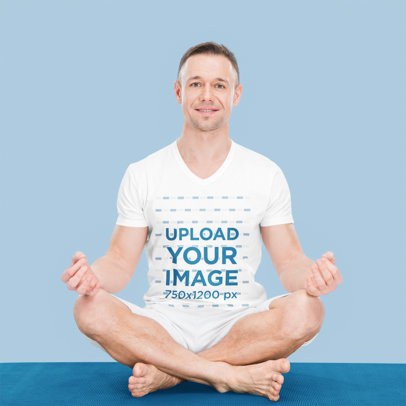 V-Neck Tee Mockup Featuring a Smiling Man Meditating on the Floor