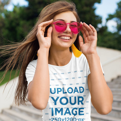 T-Shirt Mockup of a Woman Wearing Pink Sunglasses m4165-r-el2