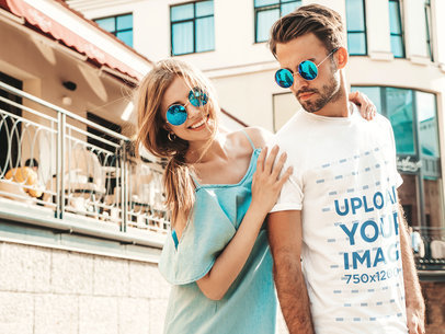 T-Shirt Mockup Featuring a Bearded Man with His Girlfriend