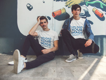 Urban Mockup Featuring Two Young Guys Wearing Different Round Neck Tees