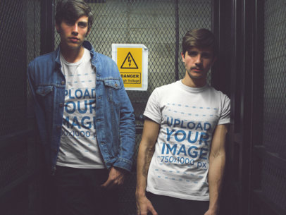 Two Young White Guys Wearing T-Shirts Mockup with Different Designs