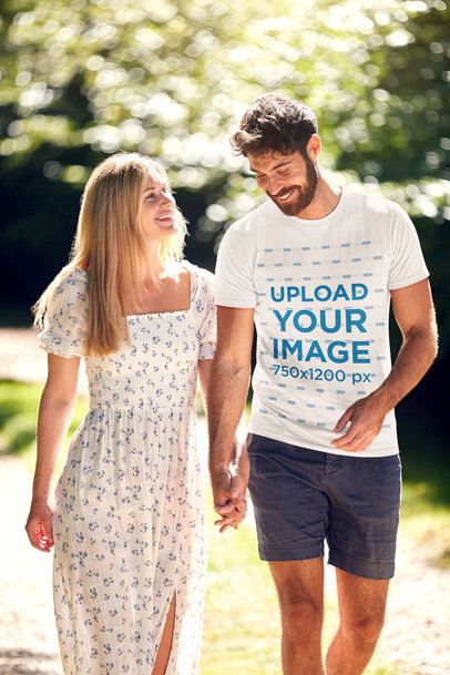 Mockup of a Man Wearing a Basic T-Shirt and Walking With His Girlfriend 