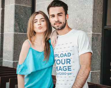 Round Neck T-Shirt Mockup Featuring a Happy Couple Smiling to the Camera