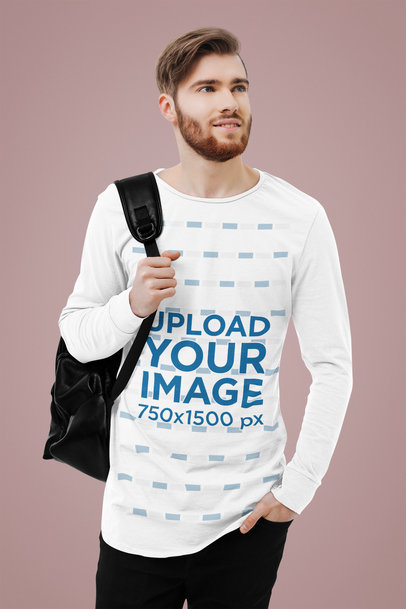 Long Sleeve Tee Mockup Featuring a Bearded Student in a Studio