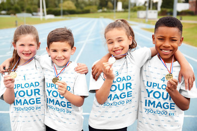T-Shirt Mockup of Four Kids Showing Off Their Champion Medals 38855-r-el2