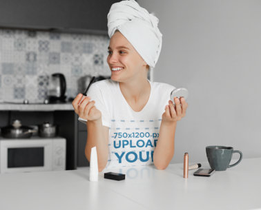 T-Shirt Mockup of a Woman Putting On Some Makeup m4879-r-el2