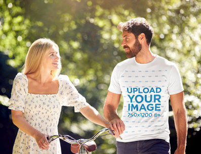 Basic T-Shirt Mockup Featuring a Bearded Man With His Girlfriend