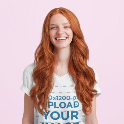 V-Neck T-Shirt Mockup of a Joyful Long-Haired Woman at a Studio