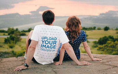 Back-View T-Shirt Mockup of a Man and His Girlfriend Admiring a Natural View