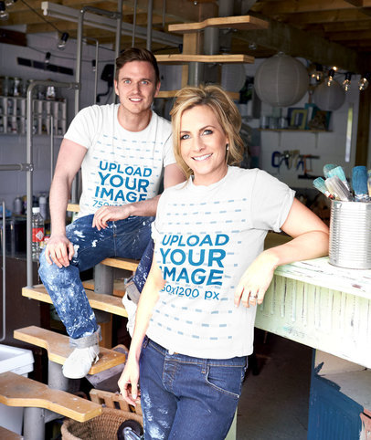 T-Shirt Mockup of a Man and a Woman Posing at a Workshop 46778-r-el2