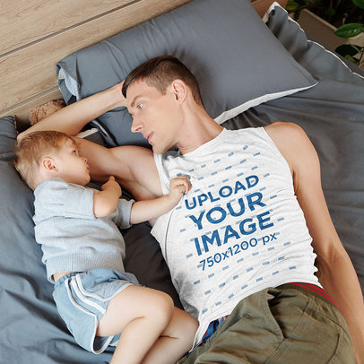 Sleeveless Tee Mockup of a Father Lying in Bed with His Baby 
