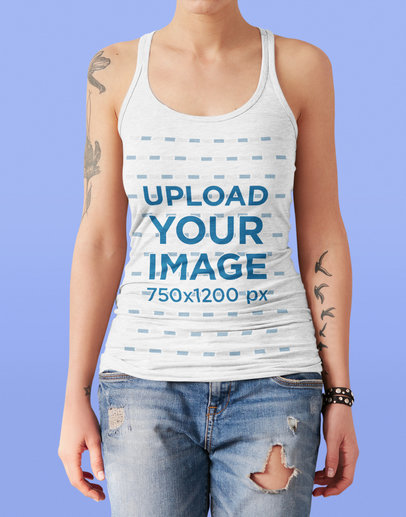 Heathered Tank Top Mockup of a Woman with Bird Tattoos on Her Arm