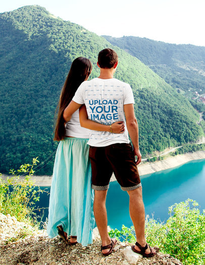 Back-View Tee Mockup of a Man with His Girlfriend Admiring a Lake View