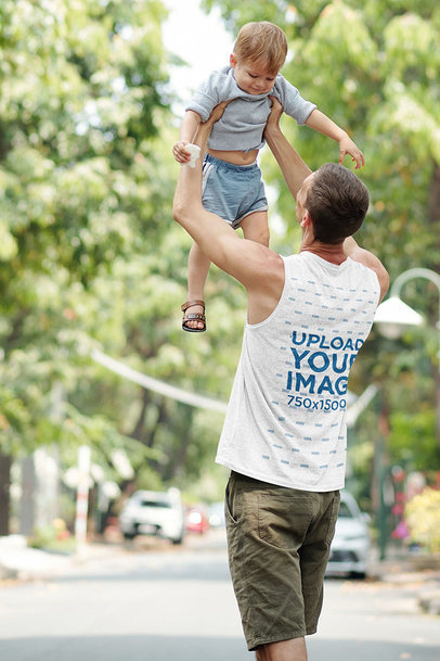 Back-View Sleeveless Tee Mockup of a Man Lifting His Son