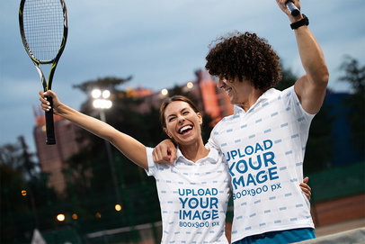 Polo Shirt Mockup Featuring a Cheerful Couple with Tennis Rackets
