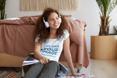 T-Shirt Mockup of a Woman Listening to Music in Her Bedroom M4885-r-el2