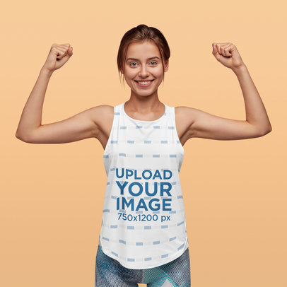 Sublimated Tank Top Mockup Featuring a Woman in a Studio