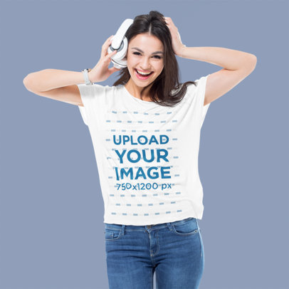 T-Shirt Mockup Featuring a Young Woman Listening to a Happy Song 