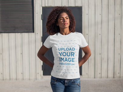 Woman with Curly Hair Wearing a Tshirt Template While Standing Facing the Sun