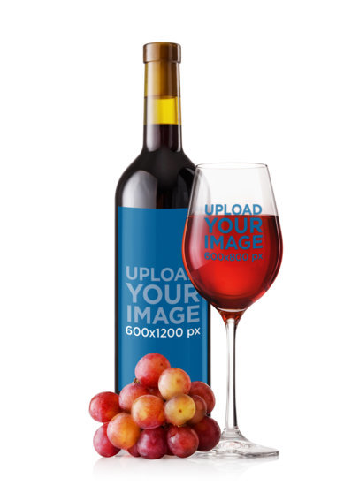 Mockup Featuring a Wine Bottle and a Glass Against Placed by Some Grapes 