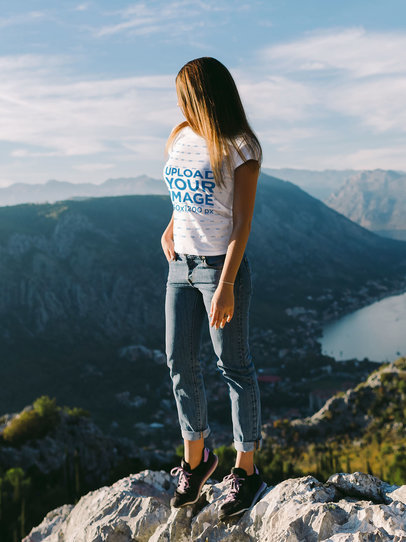 T-Shirt Mockup of a Woman Admiring the View From the Top of a Mountain M3984-r-el2
