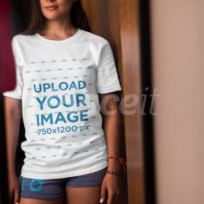 Woman Wearing a Round Neck Tshirt Mockup While Standing Cropped Faced