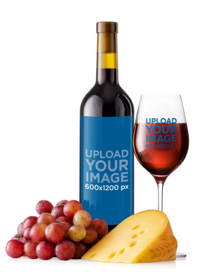 Wine Bottle and Glass Mockup Featuring Cheese and Grapes