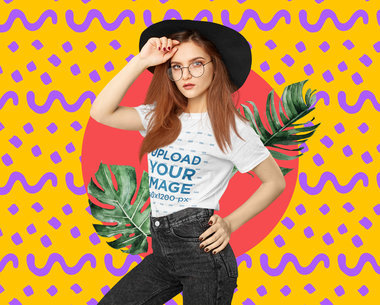 T-Shirt Mockup of a Trendy Woman with a Creative Collage Backdrop m5945-r-el2