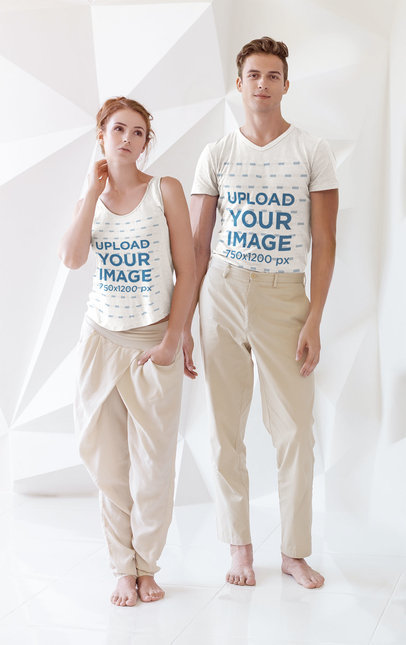 Tank Top and Tee Mockup of a Man and a Woman Standing in a Cool Set