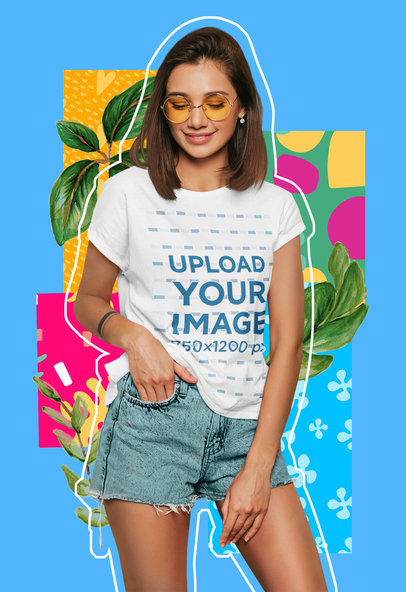 Colorful T-Shirt Mockup Featuring a Young Woman Against a Collage-Styled Background 