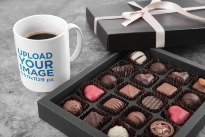 11 oz Coffee Mug Mockup Featuring a Chocolate Box 