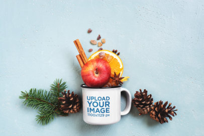 Mockup of a 12 oz Enamel Coffee Mug Filled with Fruits