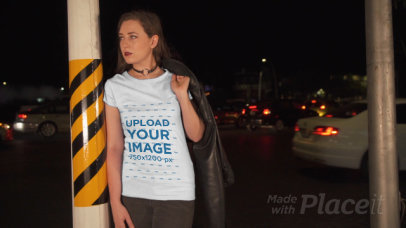 T-Shirt Video of a Cool Woman Posing in the Street at Night