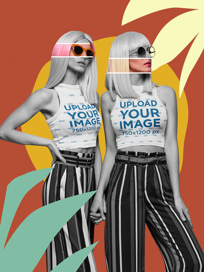 Sleeveless Crop Top Mockup of Two Twin Sisters Featuring Collage Illustrations
