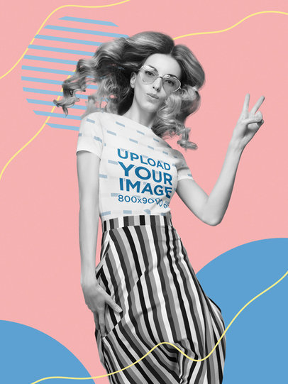 Sublimated Tee Mockup of a Jumping Woman Featuring an Illustrated Background