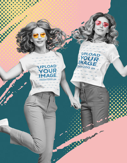 Collage-Style Mockup of Two Twin Sisters Wearing T-Shirts
