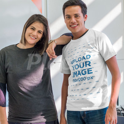Young Guy Wearing a T-Shirt Mockup While at the School with his Friend a15648
