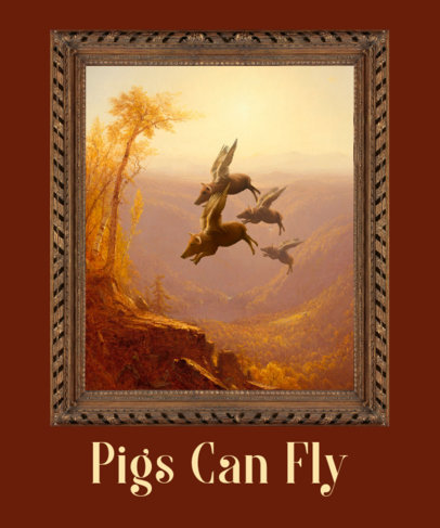 T-Shirt Design Template With an Oil Painting Featuring Flying Pigs 
