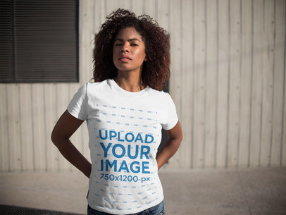 Young Woman Wearing a Round Neck Tee Mockup While Outdoors