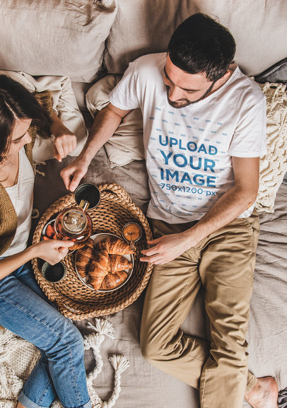 T-Shirt Mockup of a Man and His Girlfriend Having Tea in Bed 