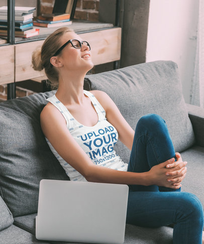 Sublimated Tank Top Mockup of a Woman With Glasses at Home