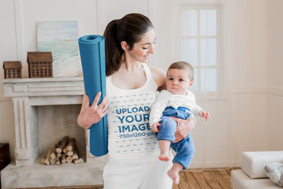 Tank Top Mockup Featuring a Young Mother and Her Baby 