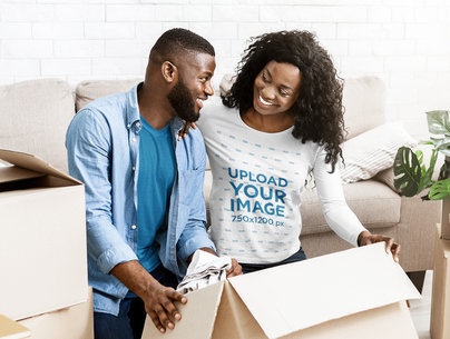 Long Sleeve Tee Mockup of a Woman Unpacking With Her Husband