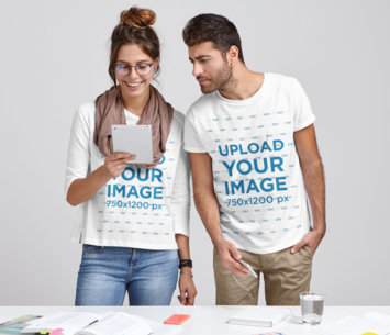 T-Shirt and 3/4 Sleeve Tee Featuring a Man and a Woman at Work