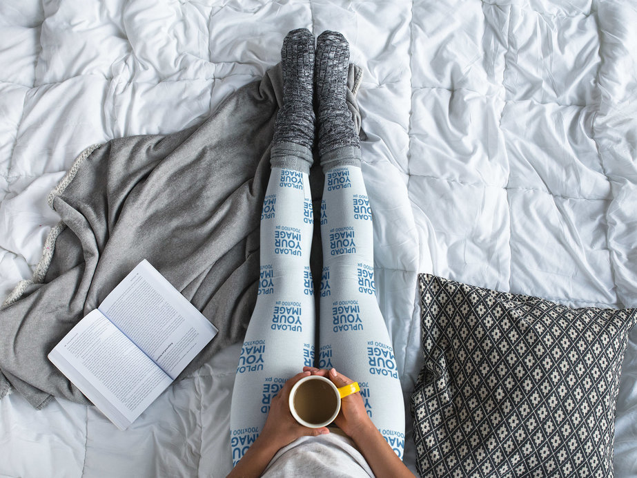 Leggings Template Being Worn by a Woman Having a Coffee on the Bed