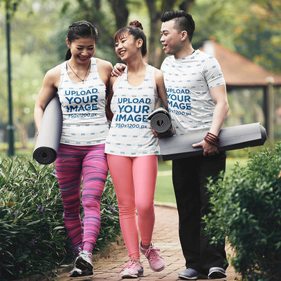 T-Shirt and Tank Top Mockup of Three Friends Walking to Their Yoga Class