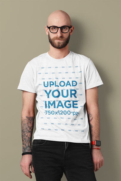 Heathered Tee Mockup of a Bearded Man with Arm Tattoos